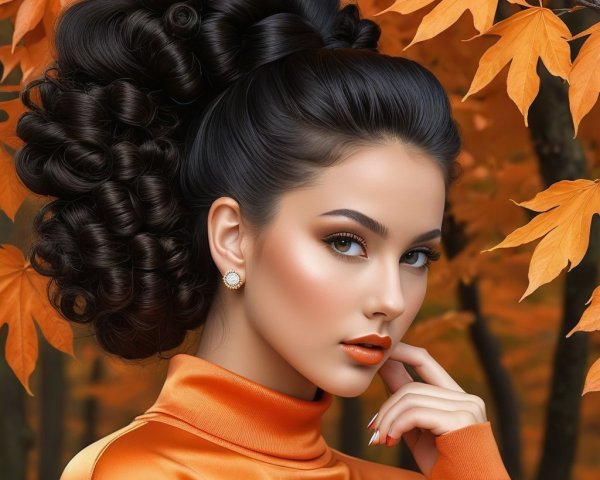 Glamorous Woman in Elegant Orange Turtleneck Amid Autumn