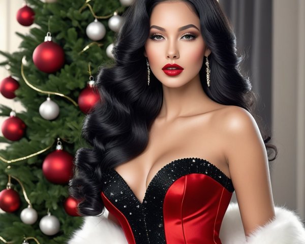 Elegant Woman in Red Gown by Christmas Tree