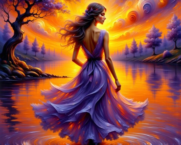 Woman in Purple Dress at Sunset by Tranquil Lake