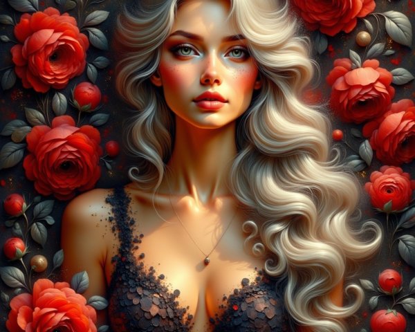 Portrait of a Woman with Blonde Hair and Red Roses