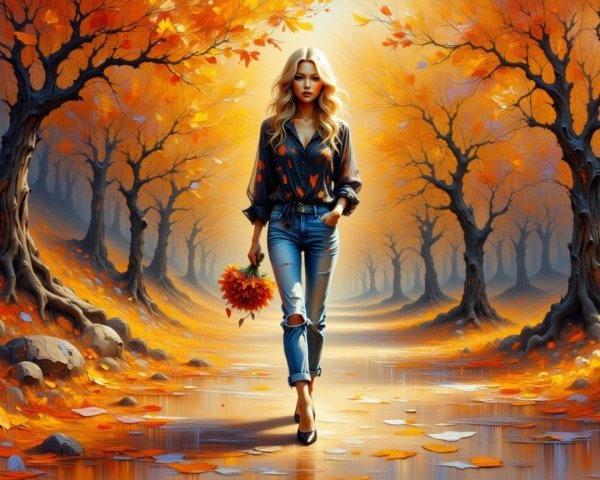 Digital Painting of Woman in Autumn Forest Setting
