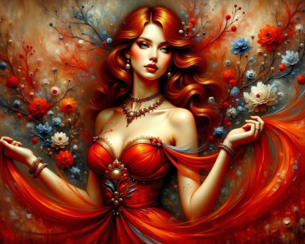 Portrait of a woman in a red gown with flowers