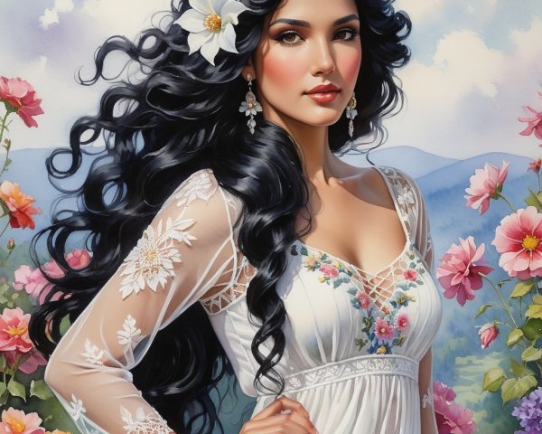 Young woman in white dress among colorful flowers