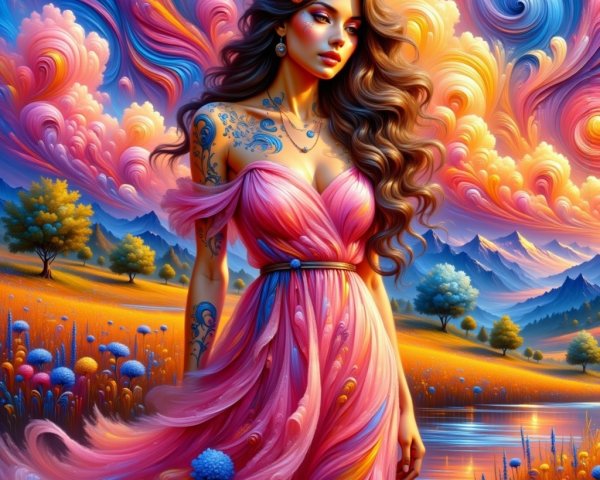 Serene Lake Scene with Young Woman in Pink Dress