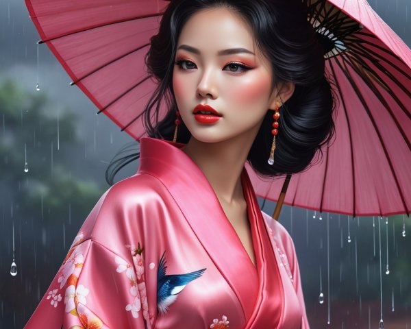 Young Woman in Pink Kimono with Umbrella in Rain