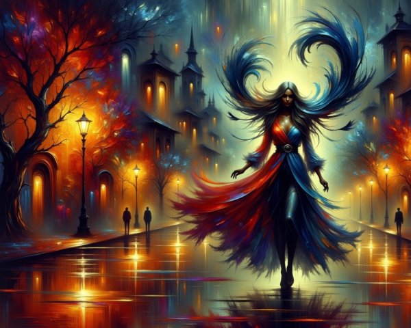 Majestic Figure in Dreamlike Cityscape with Illuminated Streets