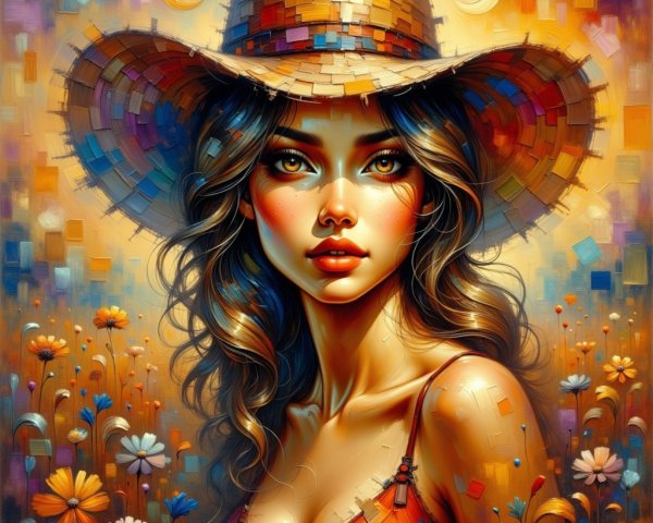 Portrait of a Young Woman in a Straw Hat and Flowers