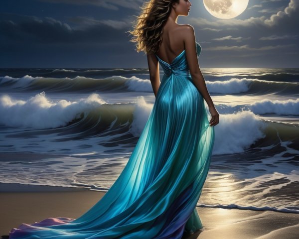 Woman in Iridescent Gown on Moonlit Beach Scene