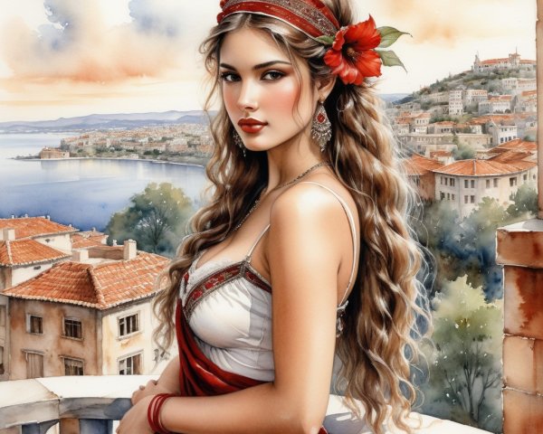 Woman on Balcony Overlooking Coastal Town Scene