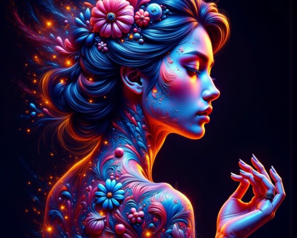 Ethereal Woman with Floral Patterns and Rich Colors