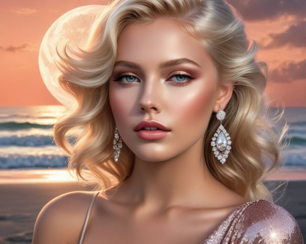 Platinum Blonde Woman at Serene Beach at Sunset