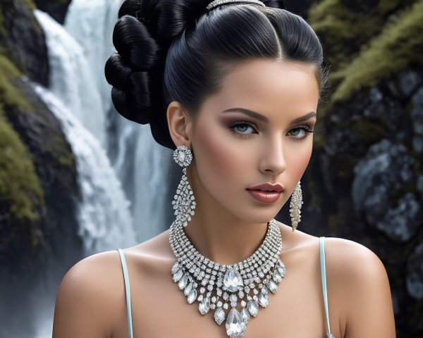 Elegant Woman by a Waterfall in a Blue Dress
