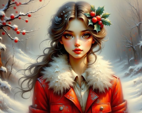 Young Woman in Winter Wonderland with Festive Attire