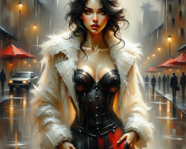 Digital Painting of a Woman in Rainy Night Scene