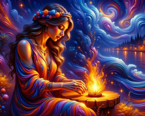 Serene Woman by Fire with Colorful Flowers and Gown