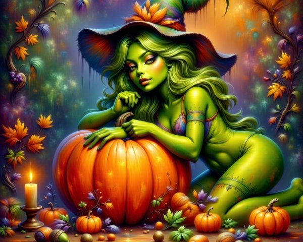 Whimsical Witch with Pumpkins in Enchanting Setting