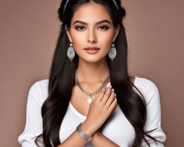 Young woman in white sweater with silver jewelry