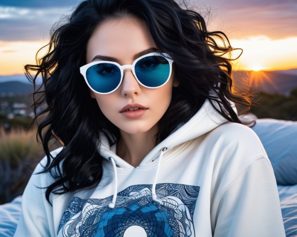 Young Woman in Stylish Hoodie Against Sunset Backdrop