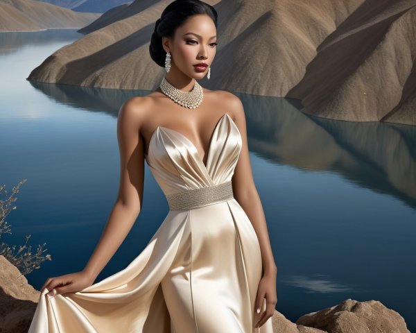 Glamorous Woman in Satin Gown by Serene Water