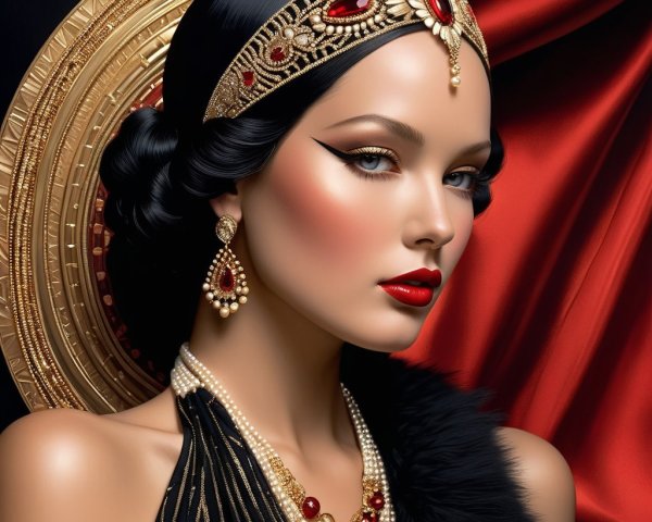 Elegant Woman in Black Gown with Bold Makeup and Jewelry