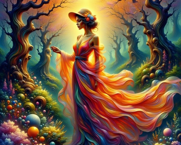 Rainbow-Colored Forest Scene with Young Woman in Dress
