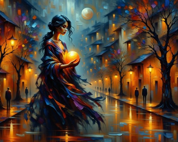 Moonlit Street with Woman, Colorful Dress, and Orb