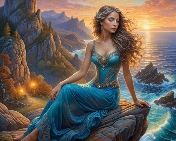 Serene Woman in Blue Gown Overlooking Ocean Sunset