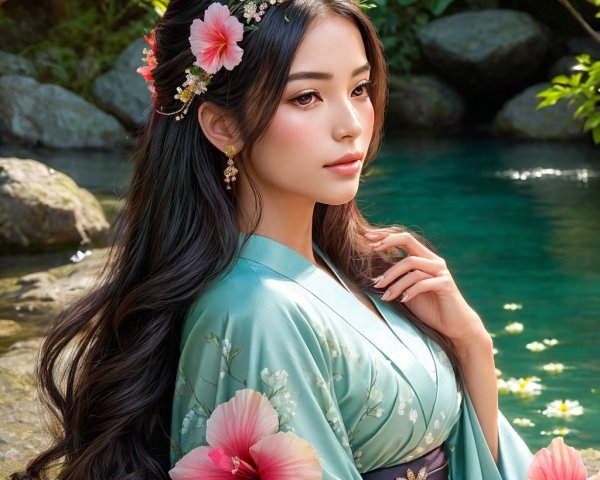 Young Woman in Blue Kimono by Tranquil Pond