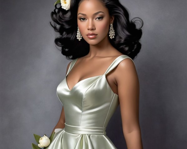 Elegant Woman in Satin Gown with White Roses