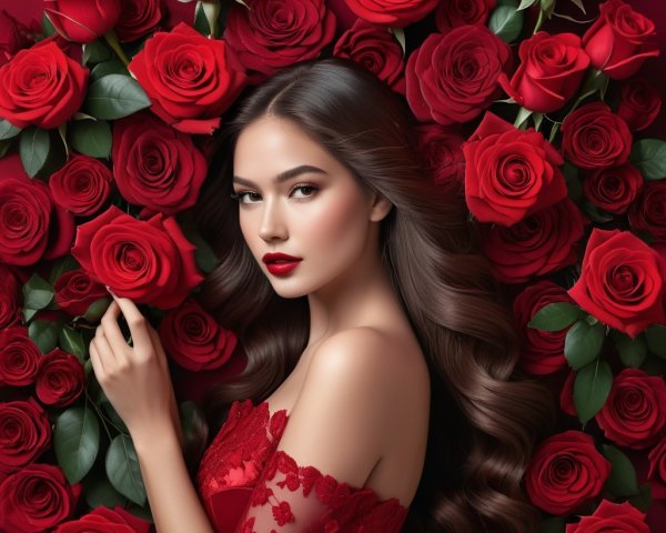 Elegant Woman Among Vibrant Red Roses and Lace Dress