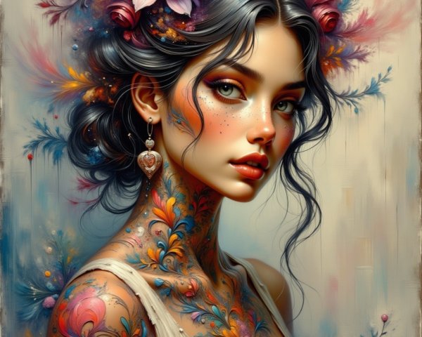 Ethereal Portrait of a Woman with Floral Tattoos