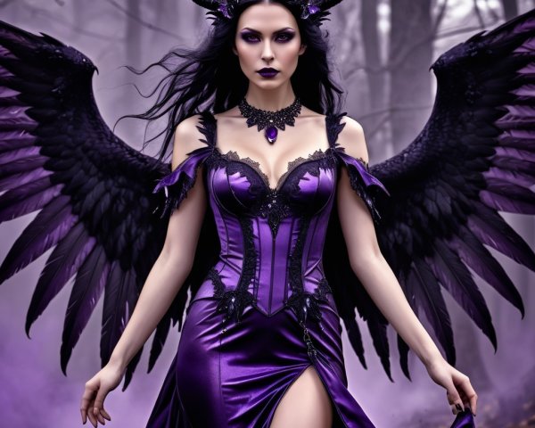 Confident figure in purple gown in mystical forest