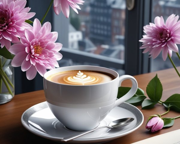 Coffee Cup with Latte Art and Cityscape Background