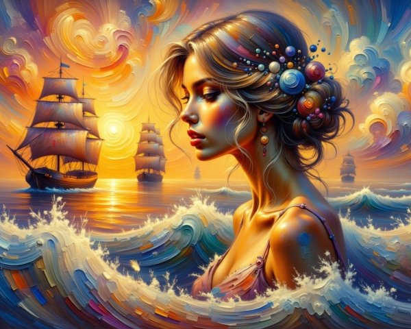 Detailed Painting of a Mythical Siren at Sunset