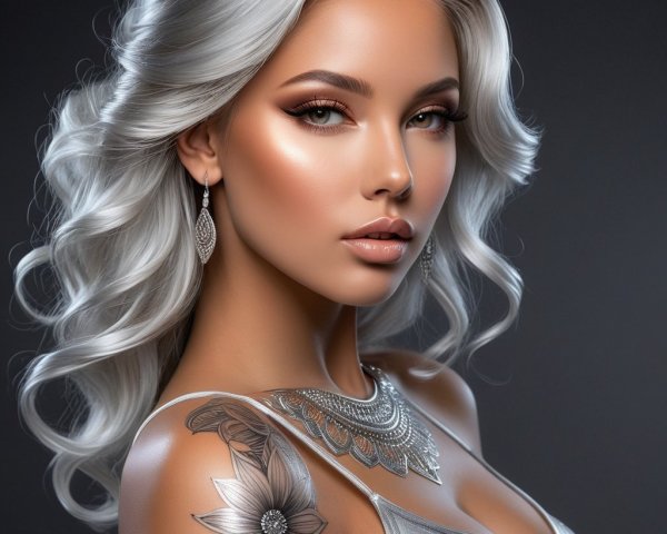 Portrait of a woman with silver hair and floral tattoo