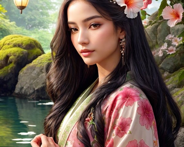 Young Woman in Floral Kimono by Tranquil Pond