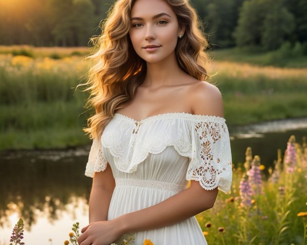 Young woman by serene river in golden sunlight