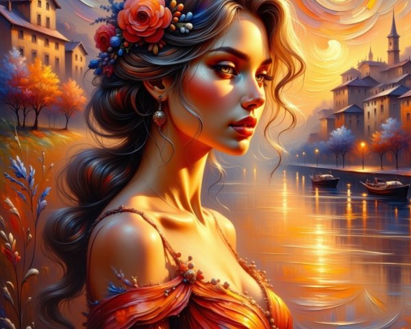 Serene Woman in Floral Hair by Tranquil Waterfront