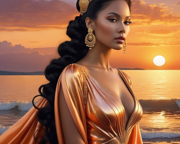 Elegant Woman in Orange Gown at Sunset by Ocean