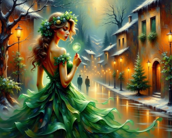 Young woman in a leafy gown holding a glowing orb