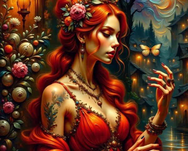 Elegant woman with red hair in vibrant backdrop