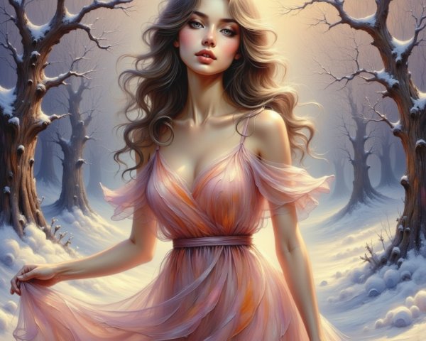 Woman in pink dress in snow-covered forest scene