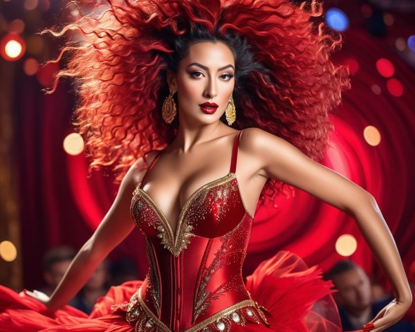 Charismatic Performer in Stunning Red Outfit and Makeup
