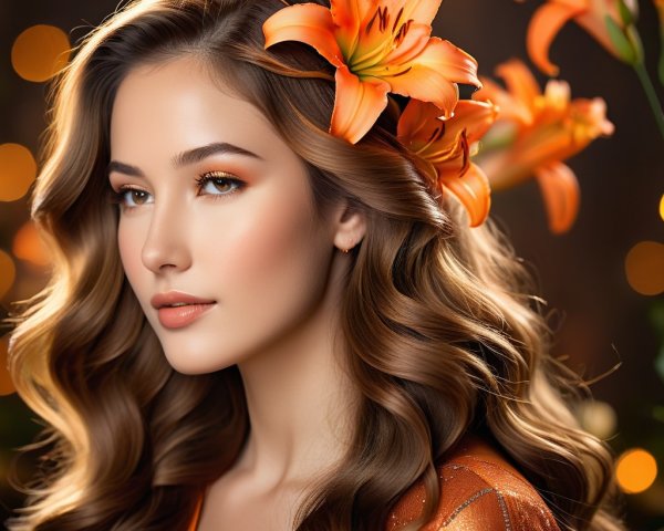 Woman with Wavy Hair and Orange Lilies in Bokeh Lights