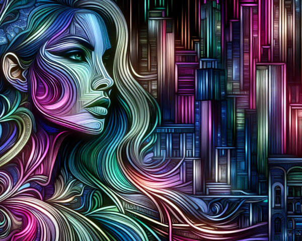 Stylized Female Profile with Abstract Cityscape Elements