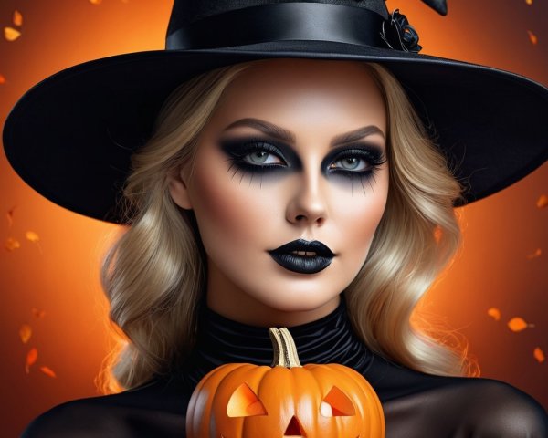 Witch in Black Hat with Pumpkin and Autumn Leaves
