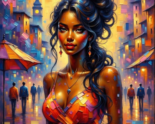 Colorful City Scene with Stylish Woman at Twilight