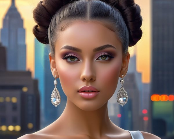 Portrait of a Young Woman with City Skyline Background