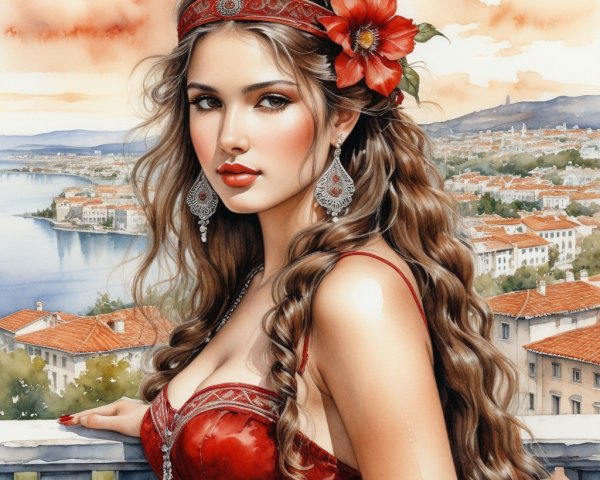 Stunning woman in red dress by scenic water view