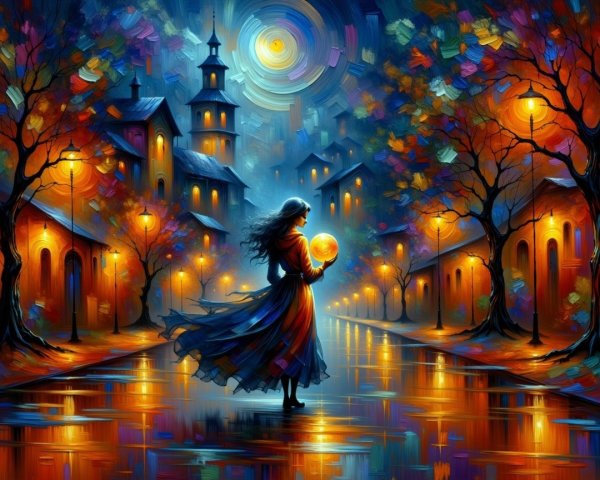 Twilight Scene with Woman, Glowing Orb, and Town